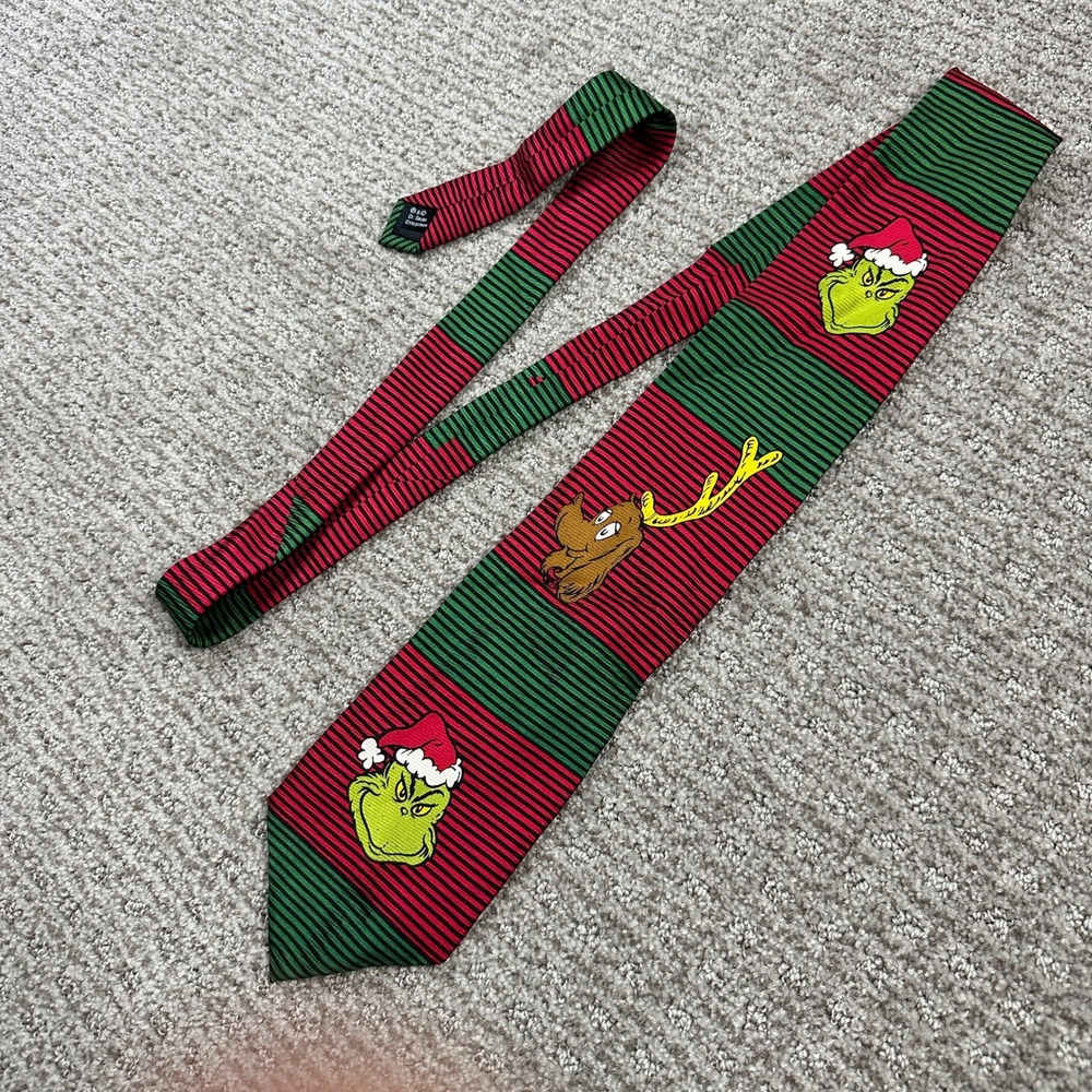 Dr. Seuss The Grinch Christmas Silk Tie Red Green Striped Holiday Necktie Max